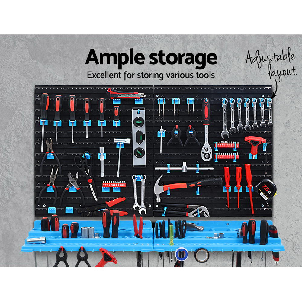 Many different hand tools on a blue and black storage peg board words say ample storage.