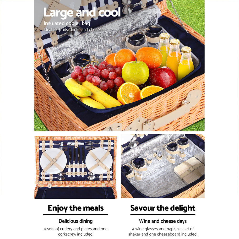 Insulated Picnic Basket for 4 people wicker with fruit and drinks. words large and cool , savour the delight and enjoy the meals.