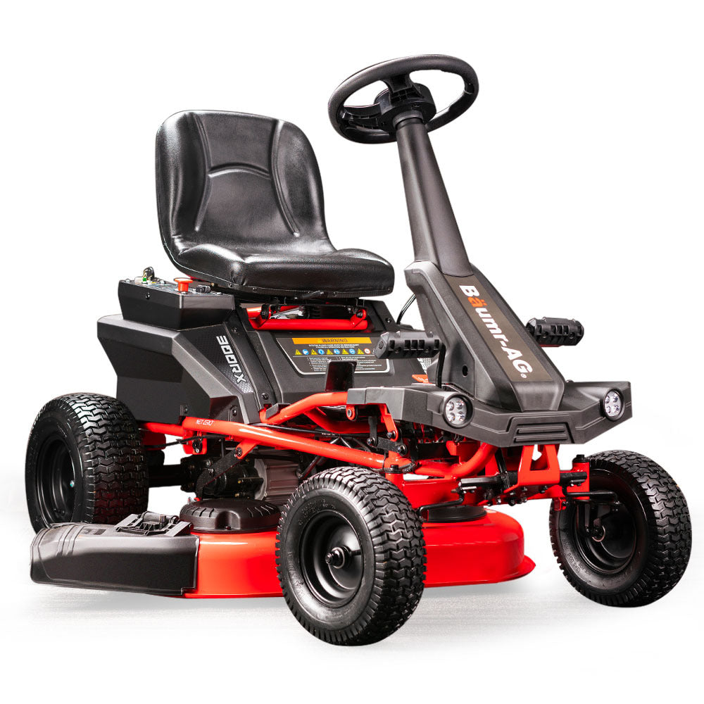 Baumr-AG 300rx ride-on 48v electric lawn mower red and black colour.