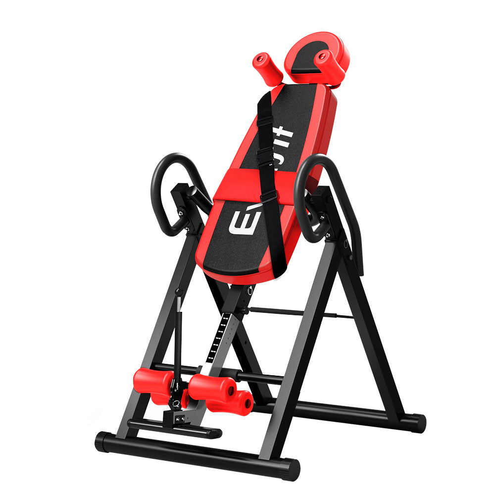 Everfit inversion machine for fitness and body alignment stretching black frame with red padding.