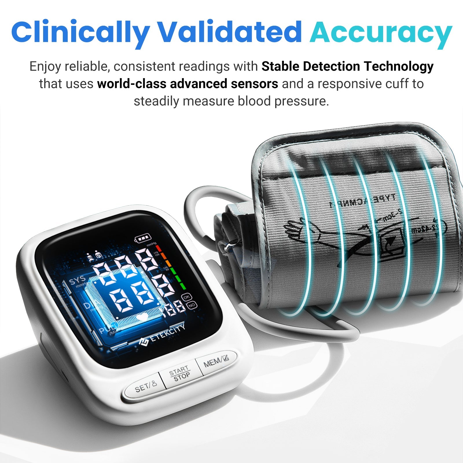 Etekcity Blood pressure monitor shows a chip lite up in blue with the display over the top very space age with cuff , text reads clinically validated accuracy