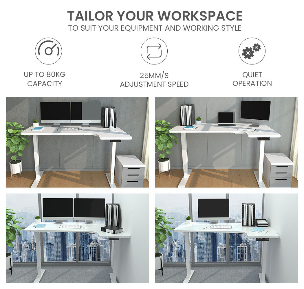 Text Tailor your workspace with four images of L shaped sit stand office desks and laptops city and wall as backgrounds