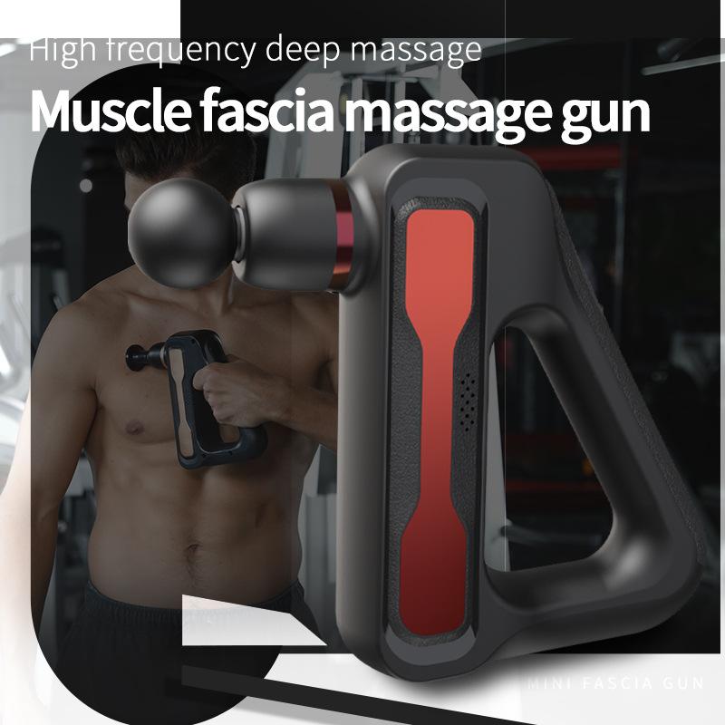 Red and black muscle massage gun with a fit man in the background massaging his chest text reads high frequency deep massage.