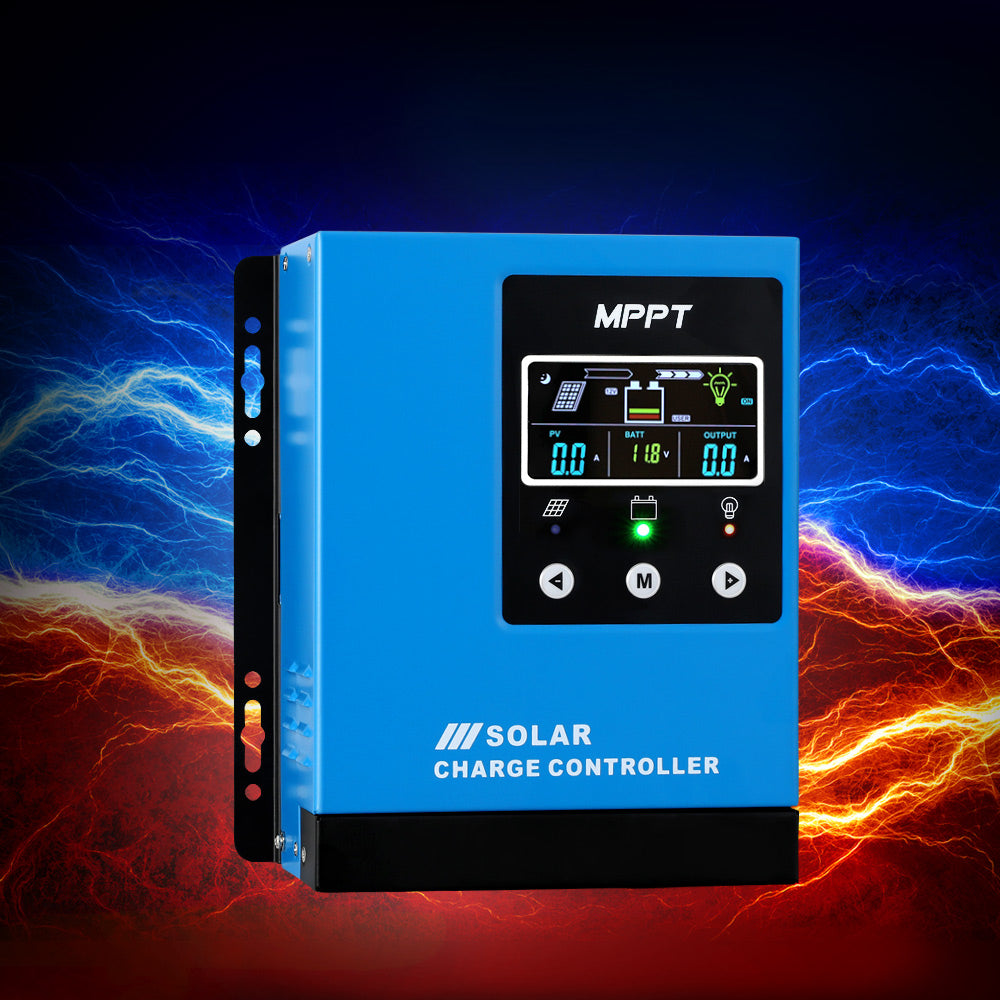 MPPT maximum power point tracking solar controller blue with blue and red lighting background. 