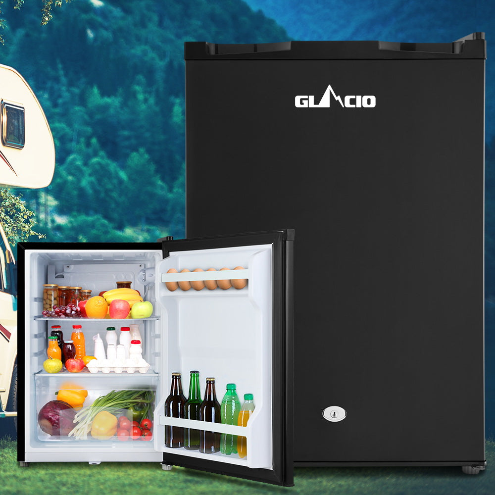 black Glacio 80L Caravan camping fridge with foods 12 or 24volt dc and 240vac 