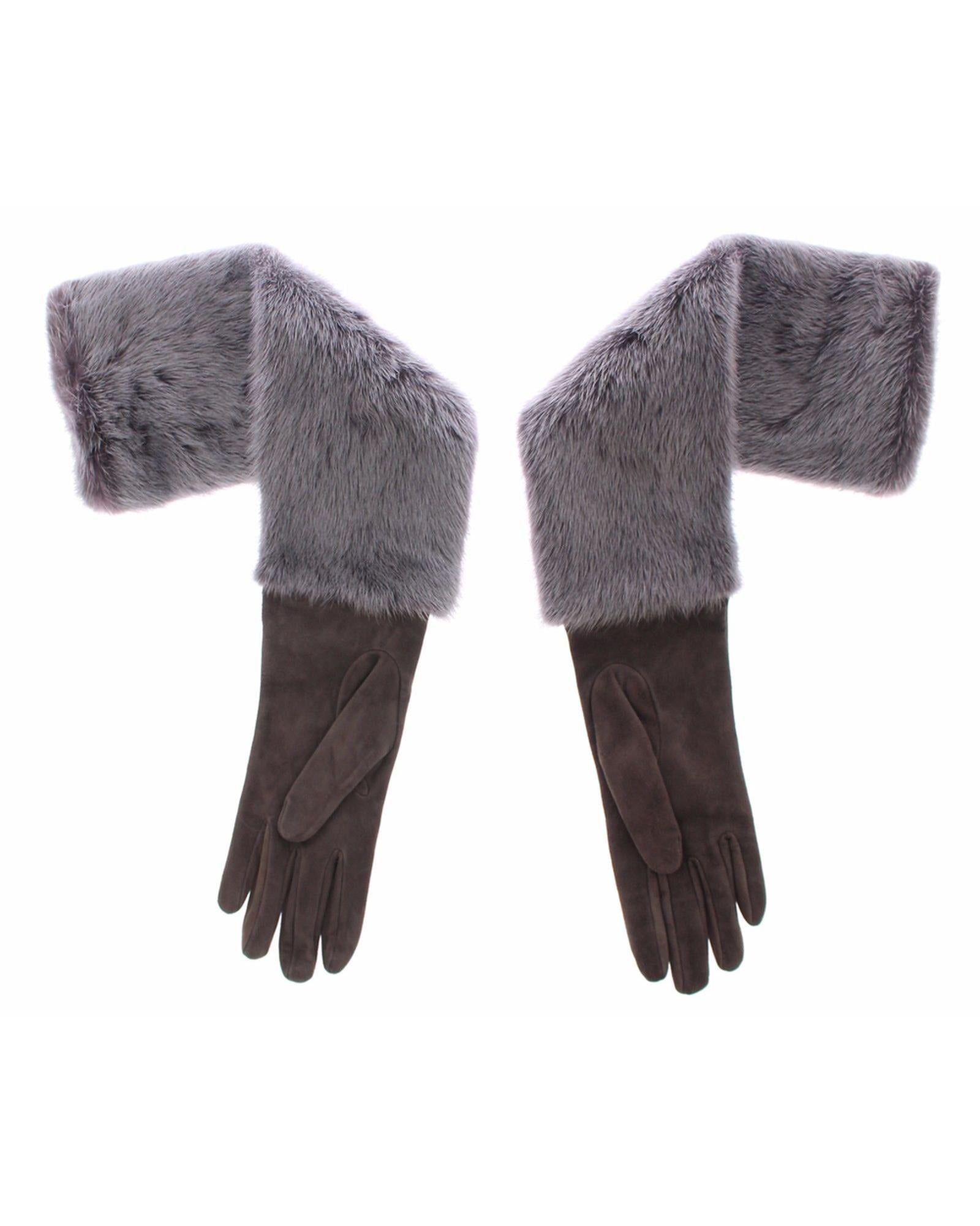 Dolce and Gabbana elbow length Gloves made of a soft furry beautiful light grey  and dark tan full fingered glove.