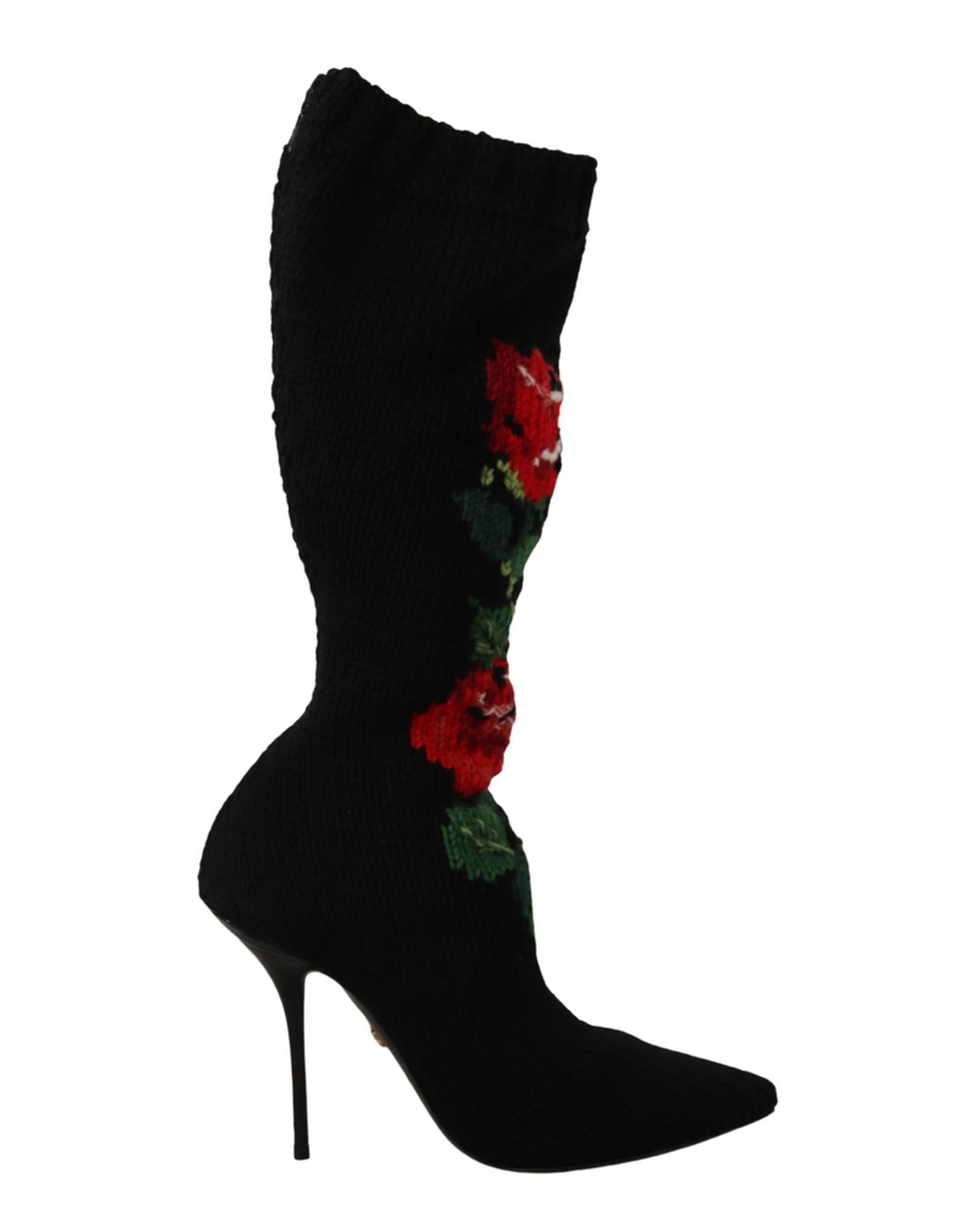 Italian cashmere calf lenght boot in black with bright red roses and stunning green leaf design.