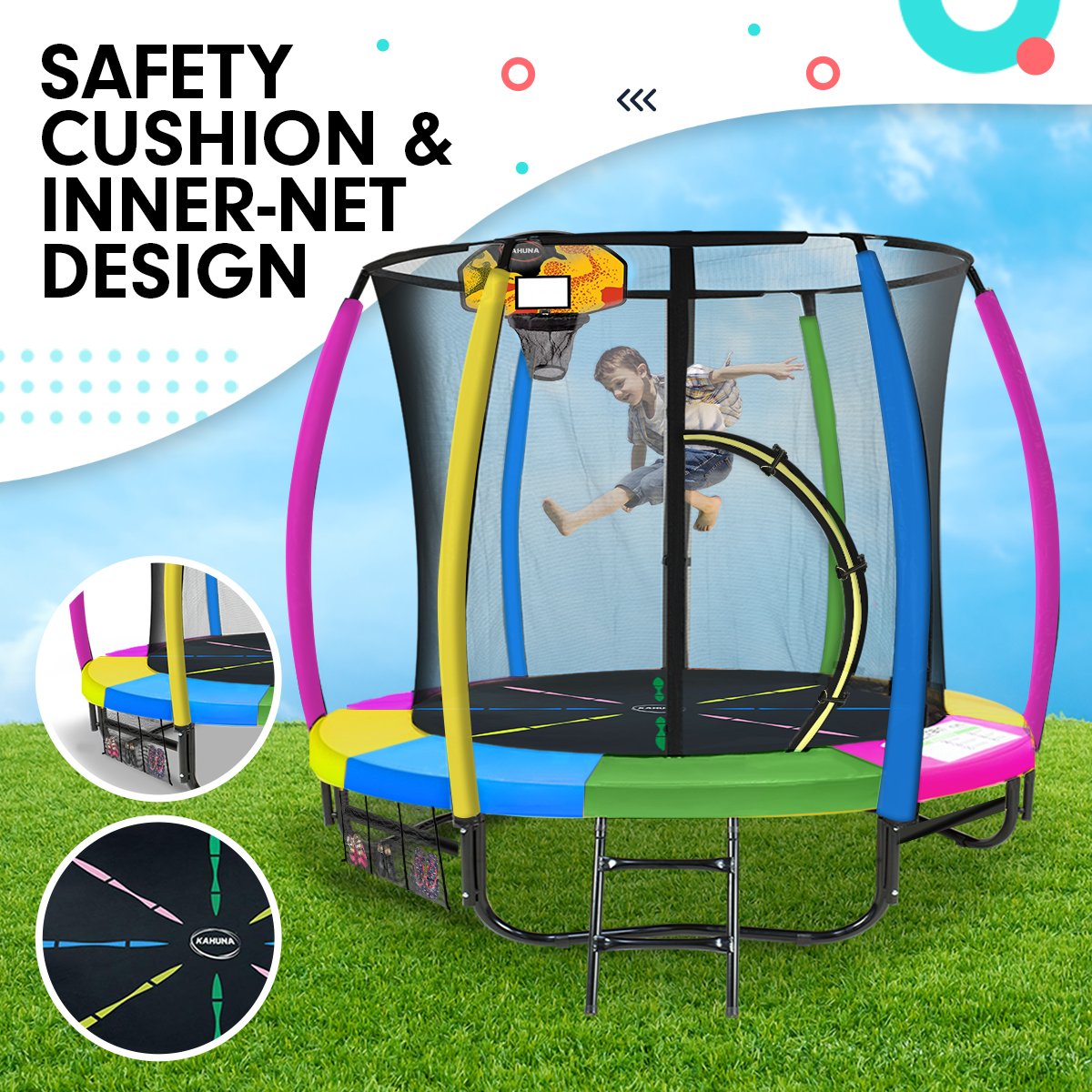 8 foot trampoline with safety cushion and inner-net with happy safe child bouncing 