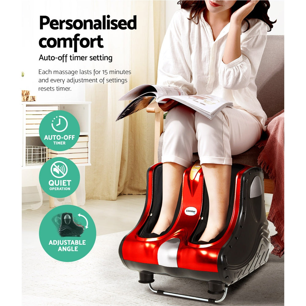 Health and beauty Lady gets foot and calf massage with red electric foot massage machine and Knc assist.