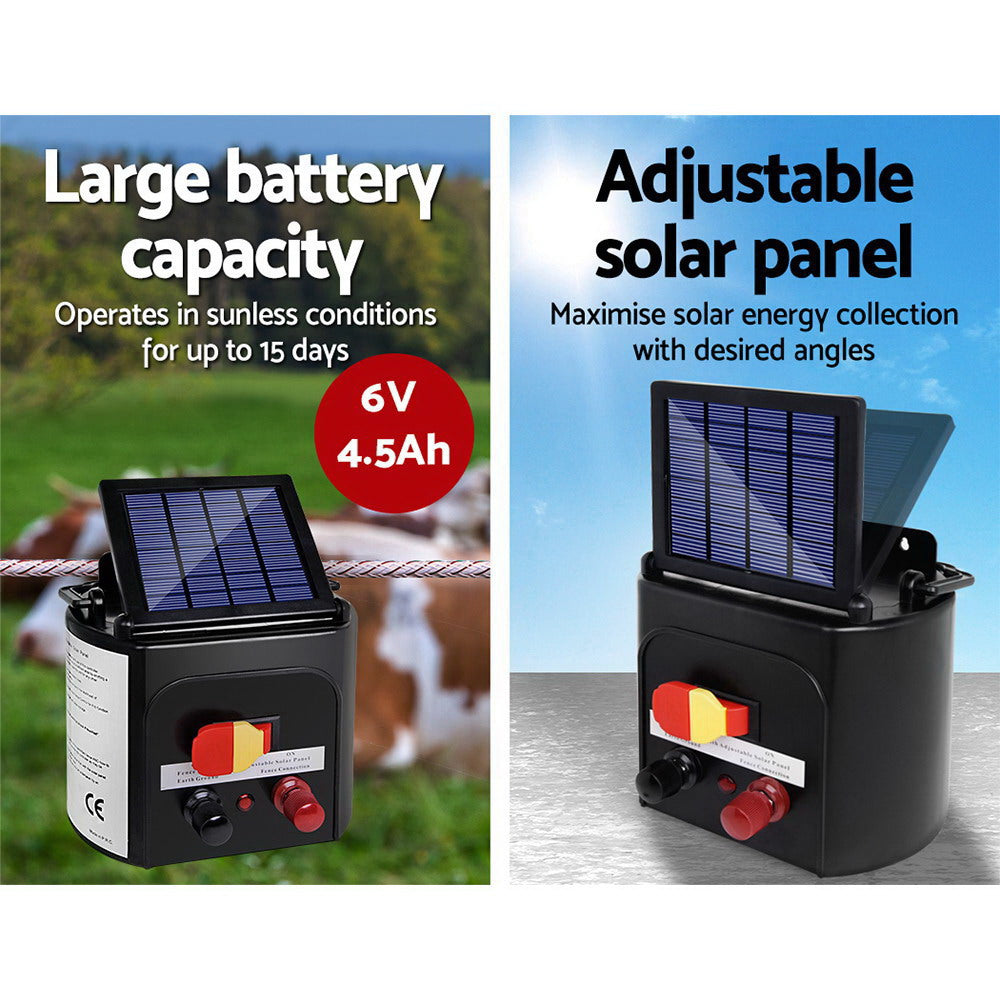 Two pictures of Solar electric fence chargers text reads 6v adjustable solar panel with a blurry cow in the background.