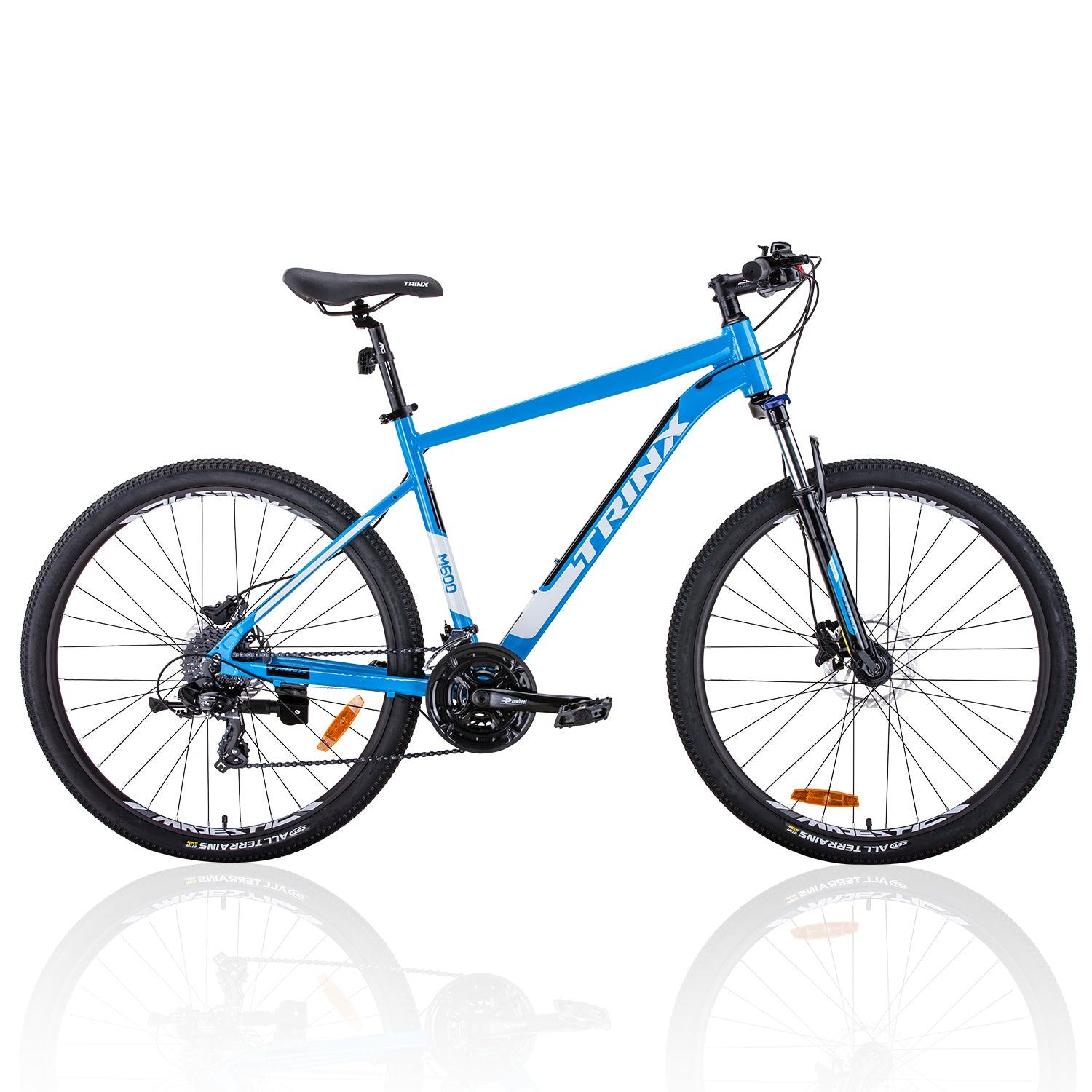 Blue frame white text Trinx professional adult mountain bike.