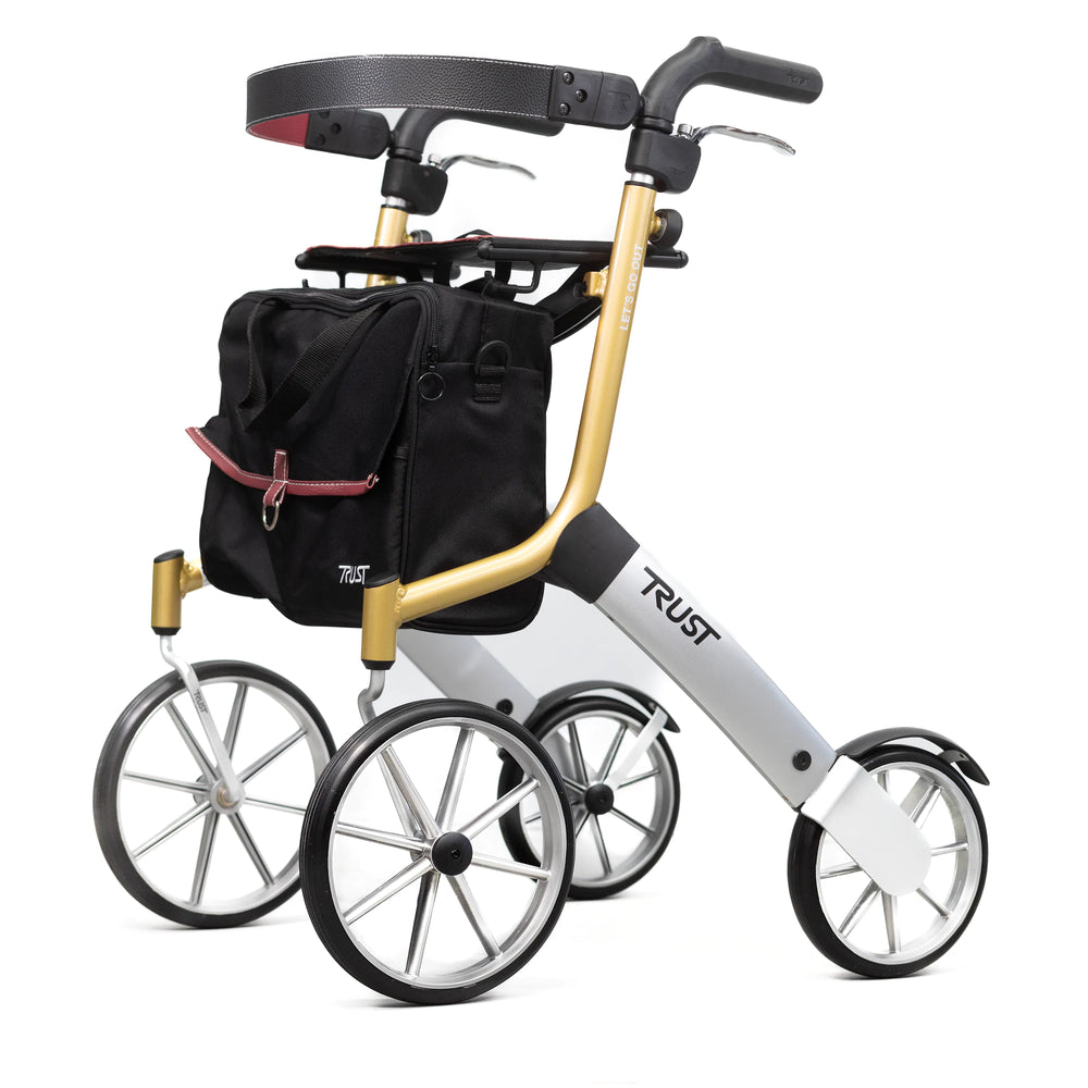 Trust foldable walker and seat combination in silver and gold solid and reliable.