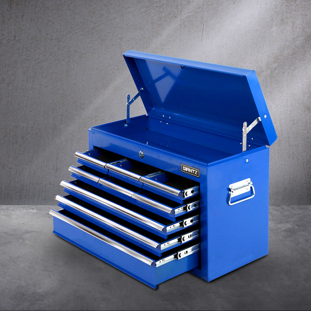  A sturdy stylish 9 Draw Locking Toolbox Blue  with a grey industrial background