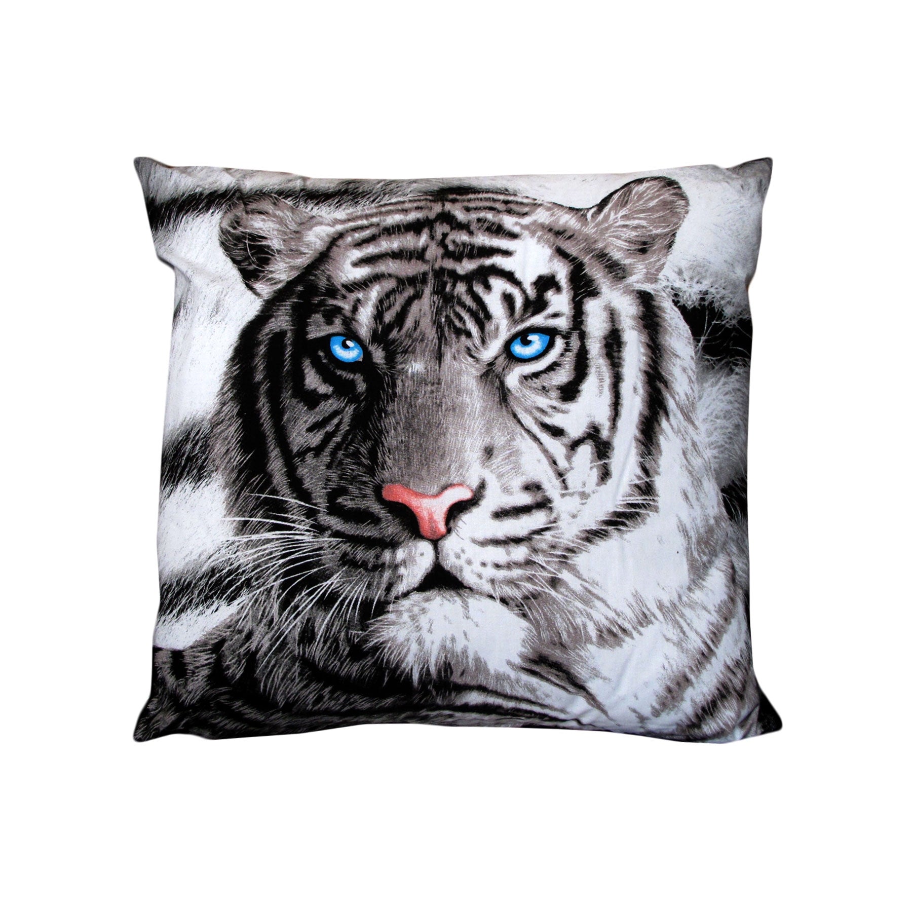 Image of a white and black striped tigers face with piercing blue eyes and pink nose on a cushion.
