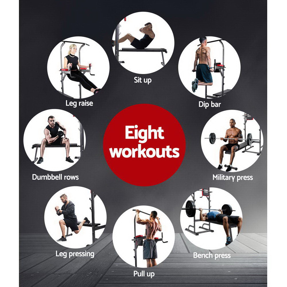 Home and Gym equipment eight workout shown in pictures with good looking man demonstrating.  